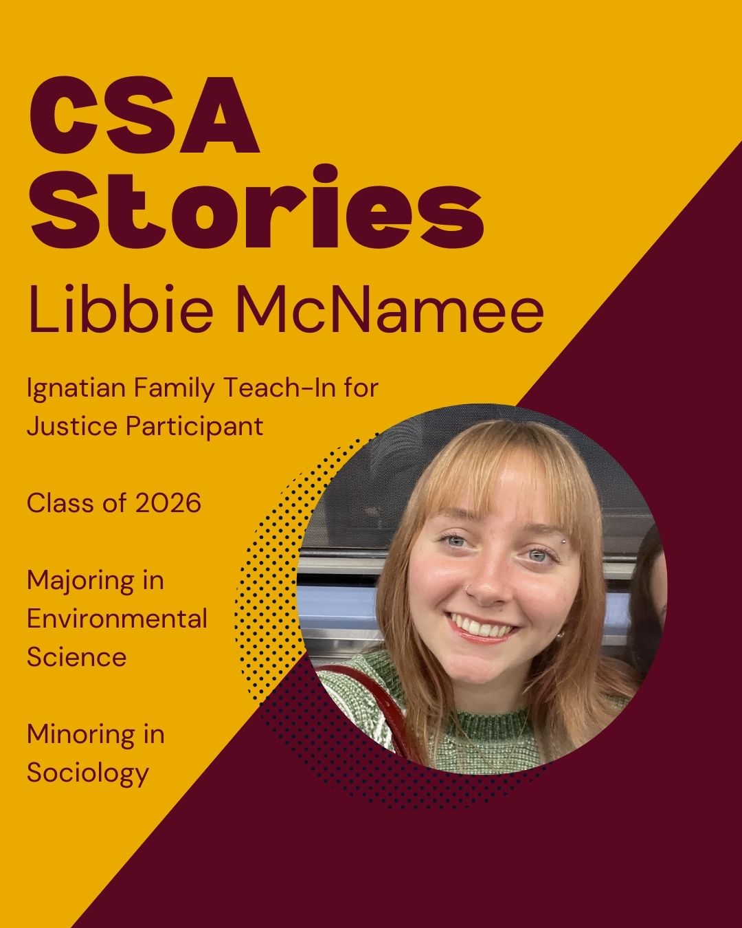 CSA Story Header for Libbie McNamee; a selfie image of her smiling at the camera